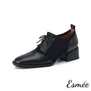 Leather High Heel Oxford Shoes with Fabrics Design