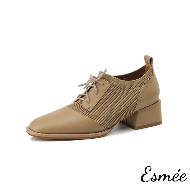 Leather High Heel Oxford Shoes with Fabrics Design