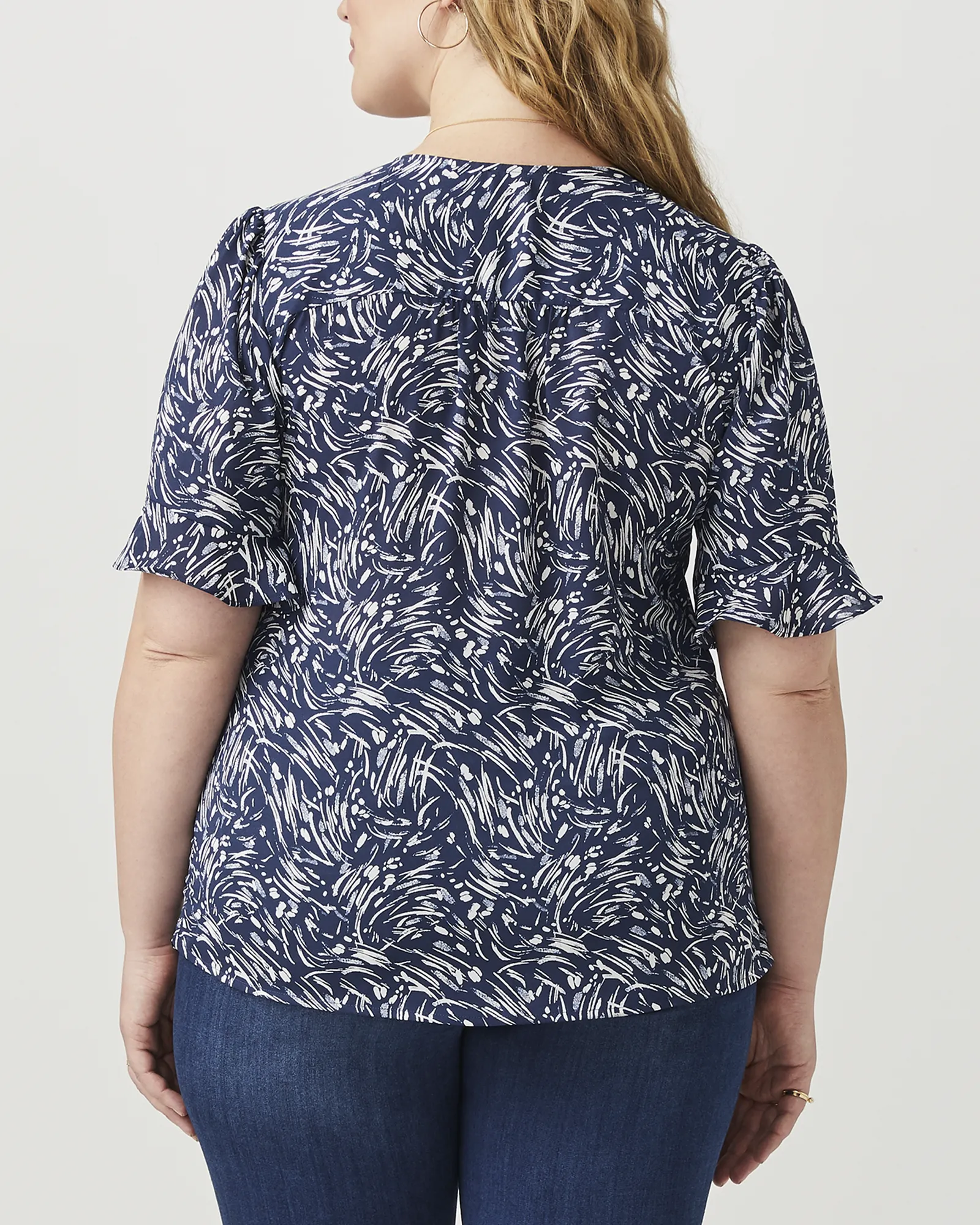 Mila Ruffle Sleeve Blouse | Navy / White
